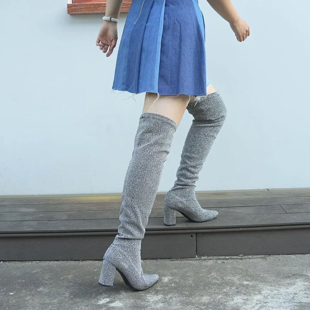 🆕Women's Silver Synthetic Thigh High Pointy-toe Shiny Dressy Over The Knee Boot